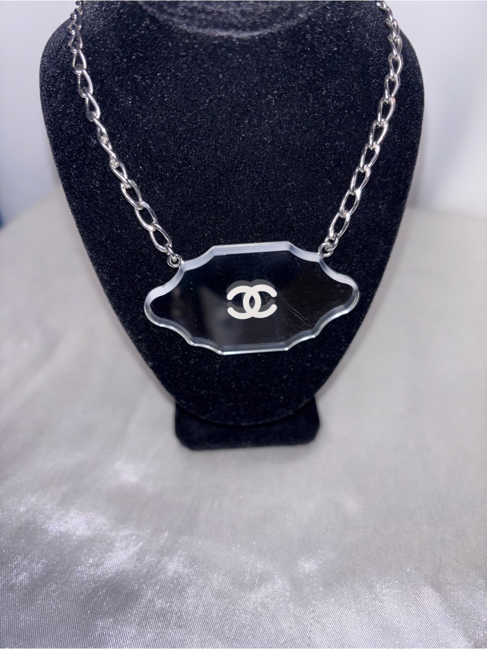 AUTHENTIC CHANEL CC Mirror Pendant Silver Necklace